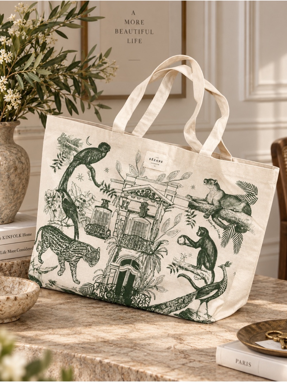 Sézane Green Toile Animal Print Canvas Tote Bag Brand New